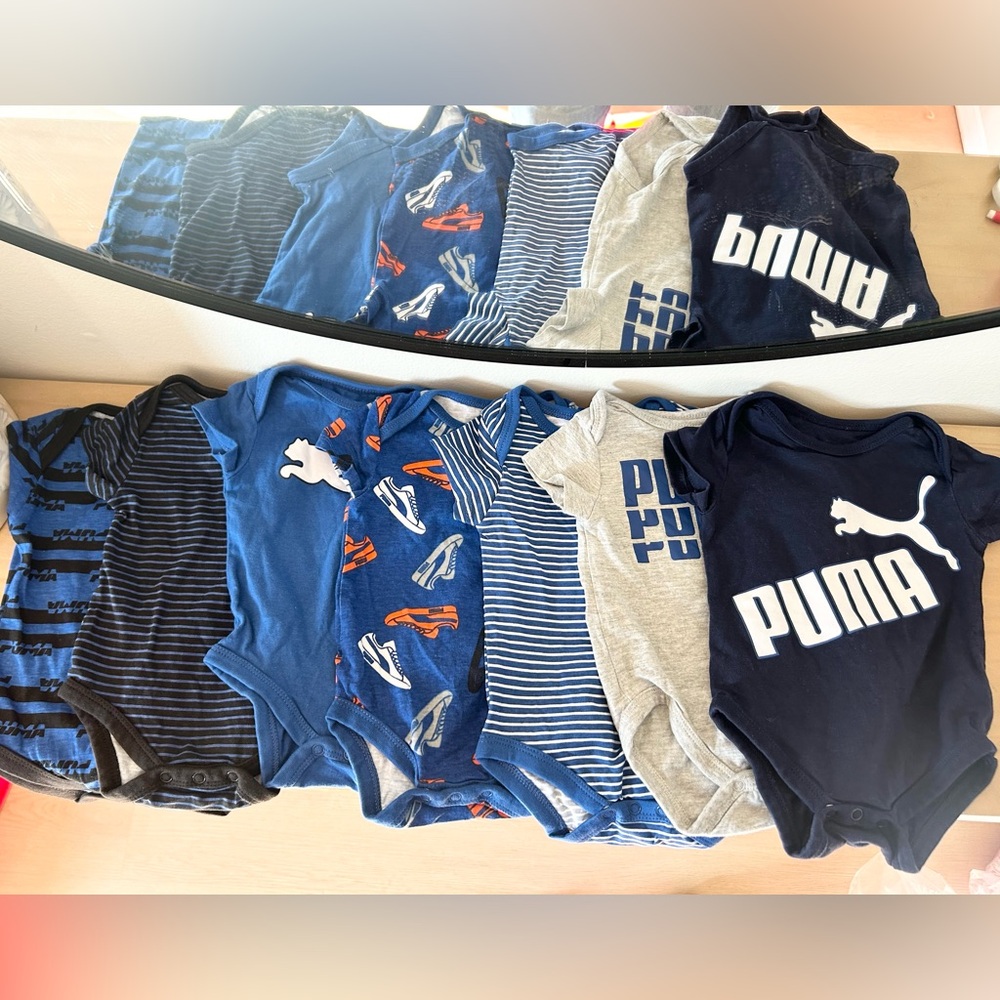 Bundle of 7 Puma 0-3 Months Blue & Gray Baby Onesie Bodysuit Set - Picture 1 of 9